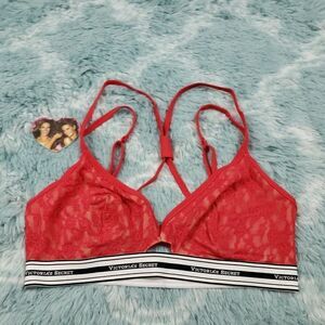 Victoria's Secret Women's Red The Lace Logo Unlined Bralette Bra Large